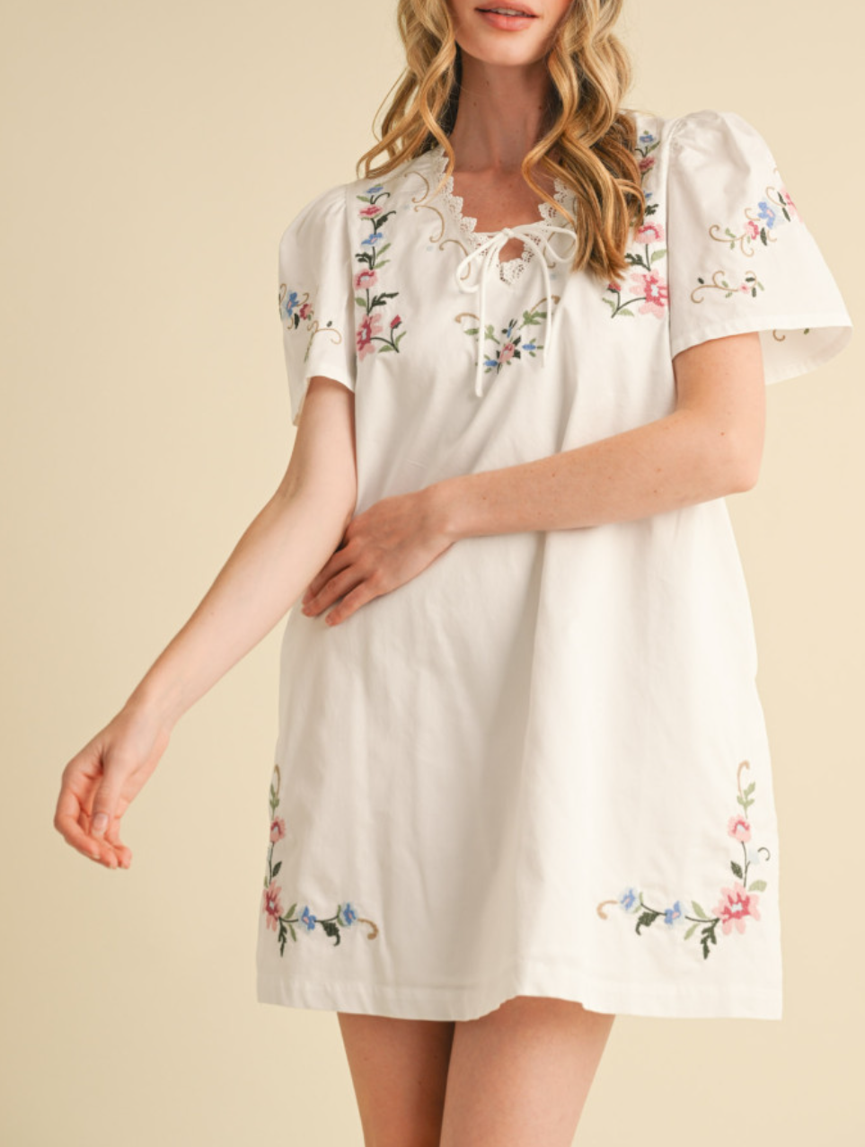 Lace Trim Floral Embroidery Mini Shift Dress