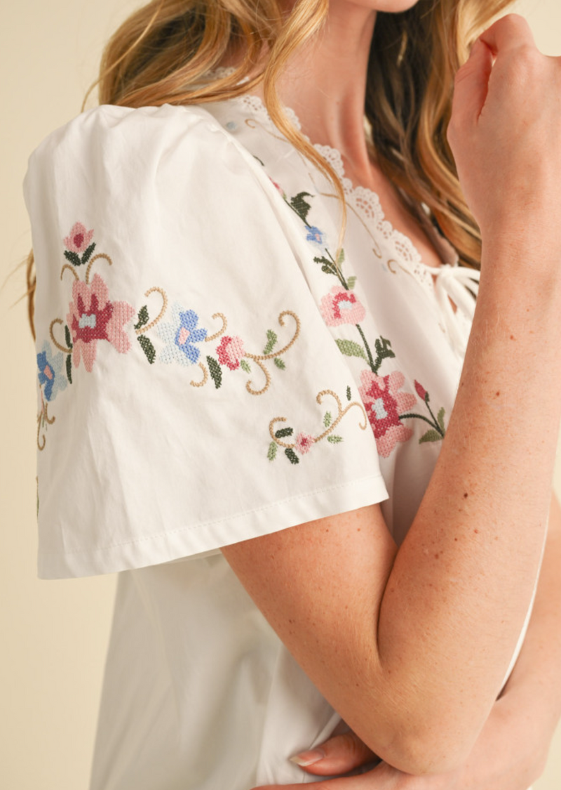 Lace Trim Floral Embroidery Mini Shift Dress