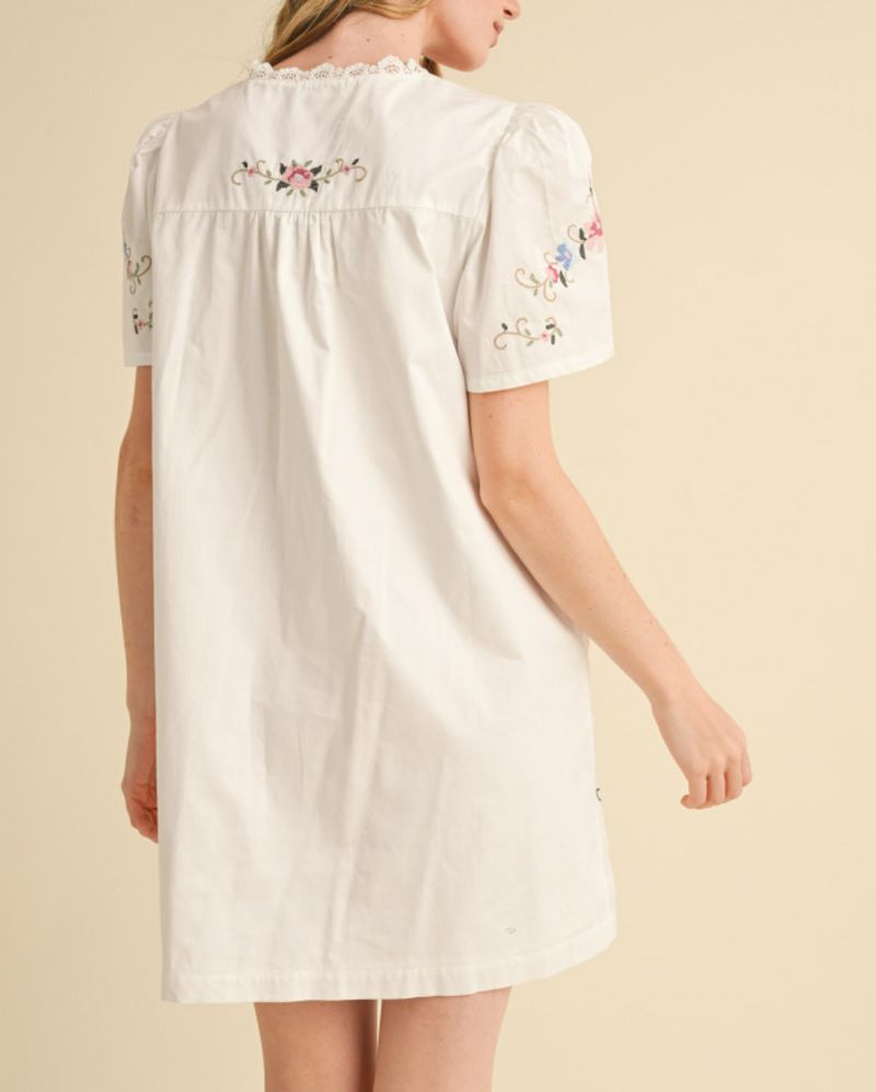 Lace Trim Floral Embroidery Mini Shift Dress