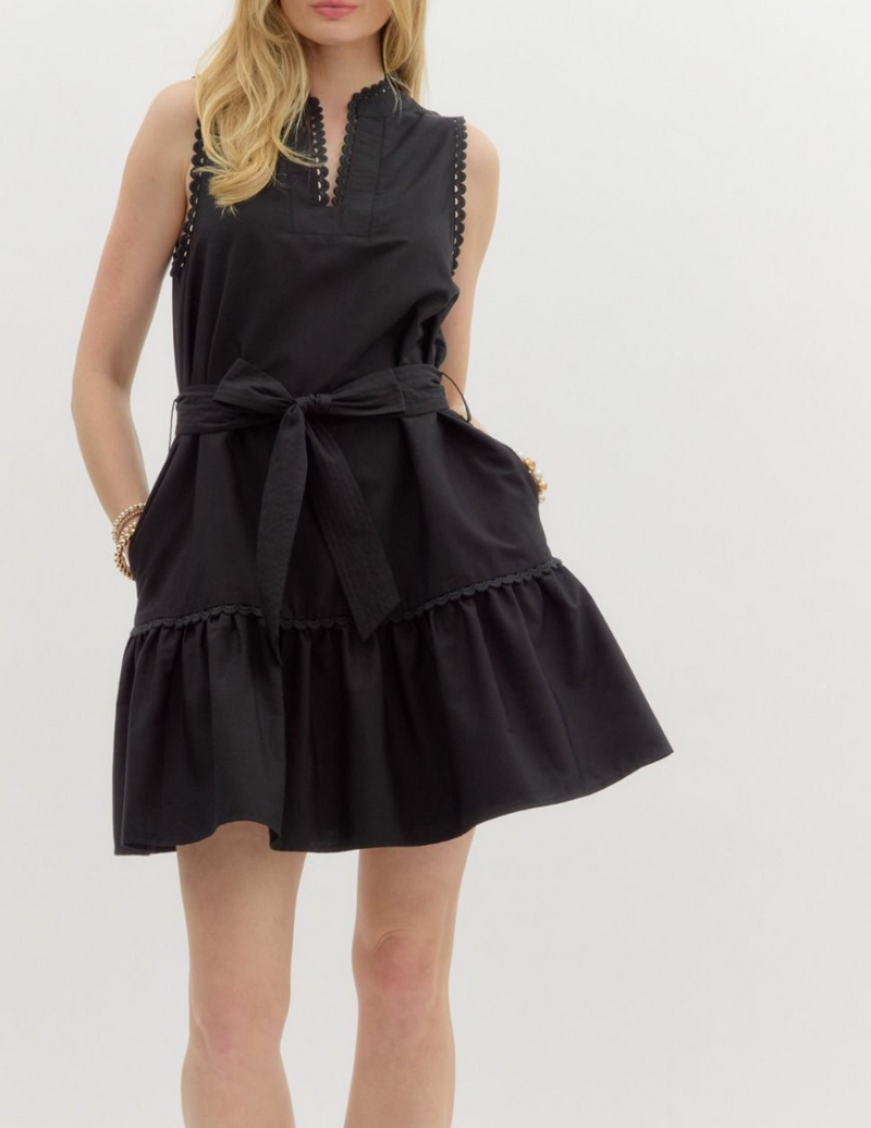 Solid V-Neck Band Collar Sleeveless Pullover Mini Dress