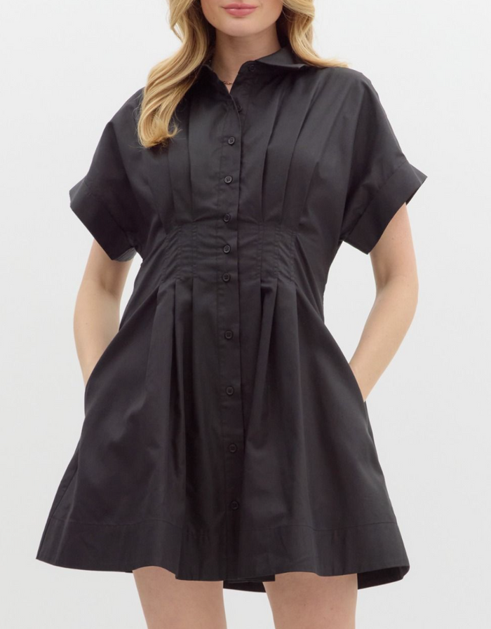 Solid Short Sleeve Shirt Collar Button Front Closure Mini Dress Medium / Black Solid Short Sleeve Shirt Collar Button Front Closure Mini Dress Medium / Black
