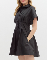 Solid Short Sleeve Shirt Collar Button Front Closure Mini Dress
