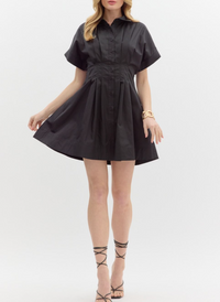 Solid Short Sleeve Shirt Collar Button Front Closure Mini Dress