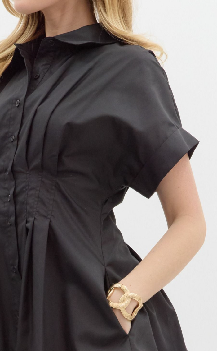 Solid Short Sleeve Shirt Collar Button Front Closure Mini Dress Medium / Black Solid Short Sleeve Shirt Collar Button Front Closure Mini Dress Medium / Black