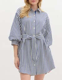 Stripe Pattern Off Shoulder ¾ Cuff Voluminous Sleeve Mini Shirt Dress