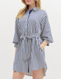 Stripe Pattern Off Shoulder ¾ Cuff Voluminous Sleeve Mini Shirt Dress
