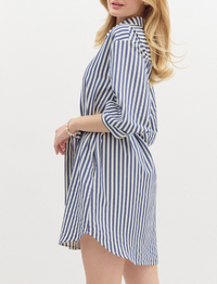 Stripe Pattern Off Shoulder ¾ Cuff Voluminous Sleeve Mini Shirt Dress