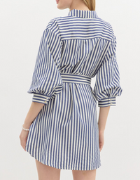 Stripe Pattern Off Shoulder ¾ Cuff Voluminous Sleeve Mini Shirt Dress