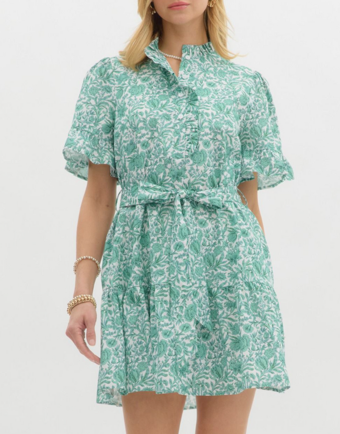 Floral Print Ruffle Accent Short Sleeve Pullover Mini Dress