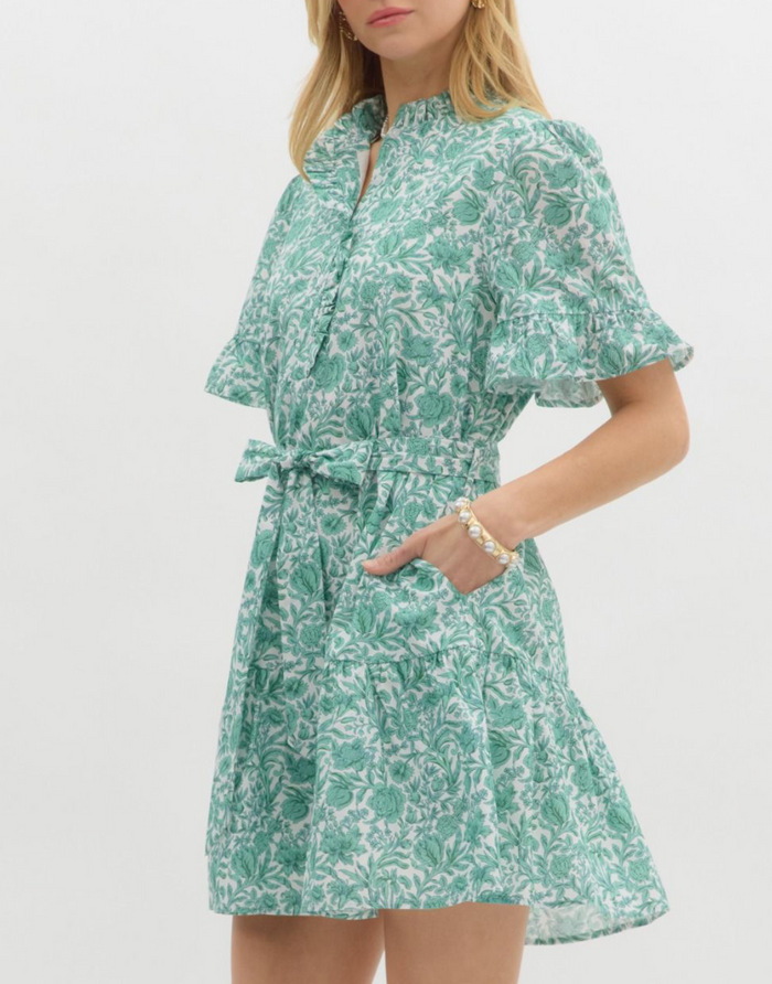 Floral Print Ruffle Accent Short Sleeve Pullover Mini Dress