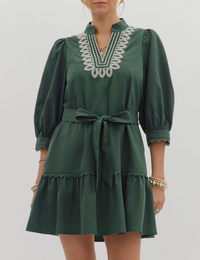 Solid ¾ Cuff Band Sleeve Scallop Trim Mini Dress