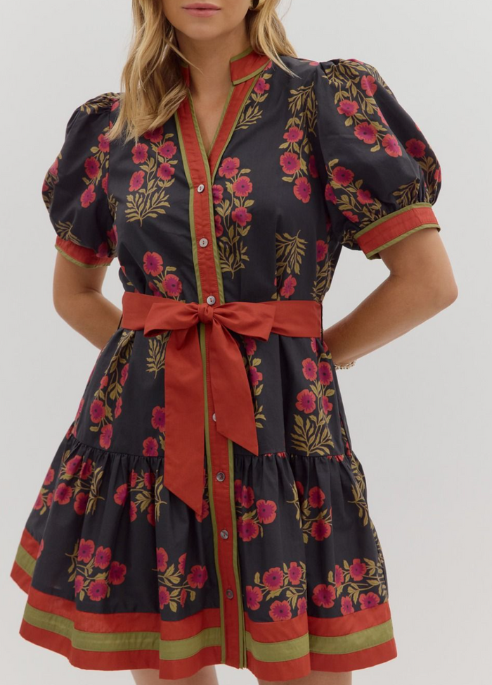 Floral Pattern Short Puff Sleeve Ruffle Hem Mini Dress