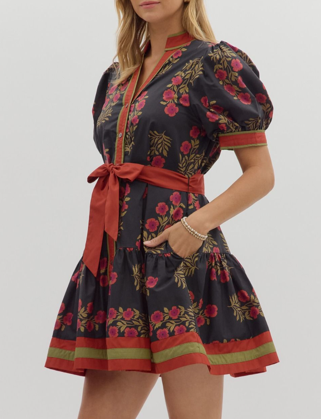 Floral Pattern Short Puff Sleeve Ruffle Hem Mini Dress