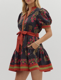 Floral Pattern Short Puff Sleeve Ruffle Hem Mini Dress