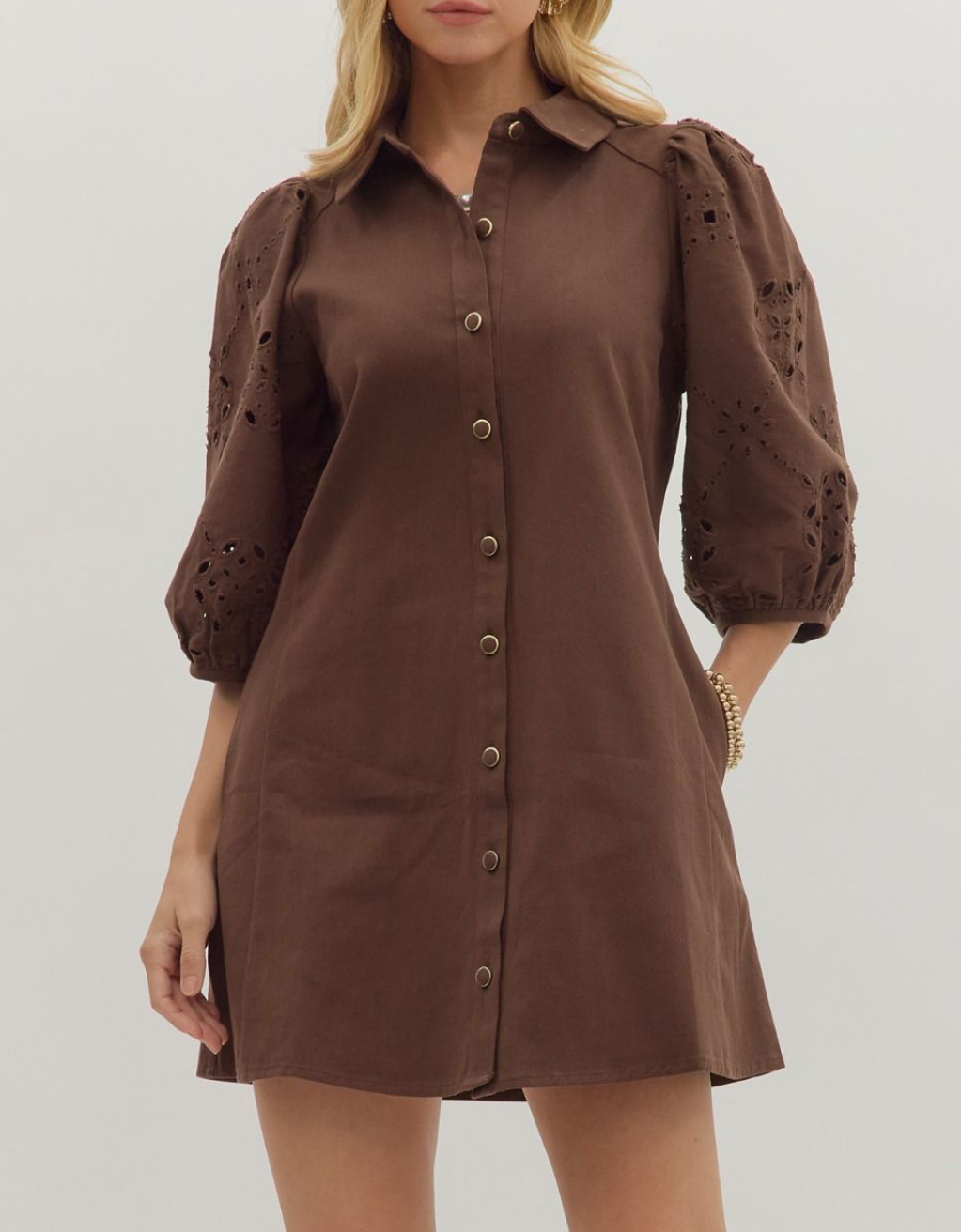 eyelet puff sleeve mini dress Solid Eyelet ¾ Puff Sleeve Mini Dress – Azure & Lavender