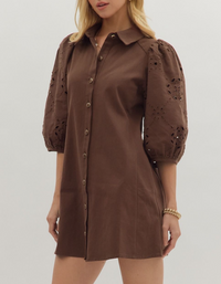 Solid Eyelet ¾ Puff Sleeve Mini Dress