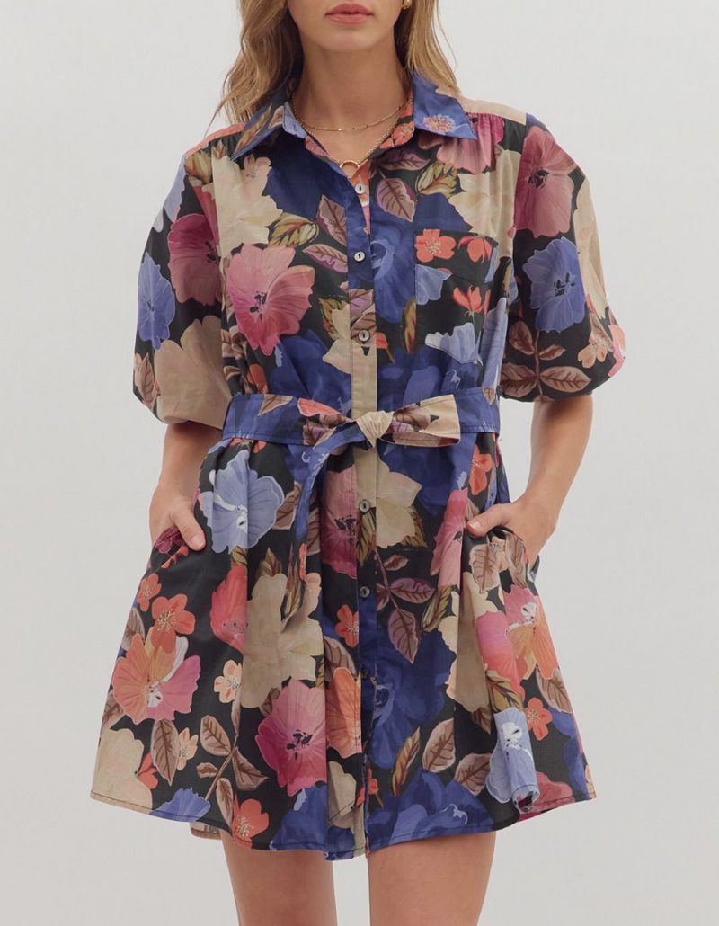 Floral Print Puff Sleeve Mini Dress with Front Chest Pocket