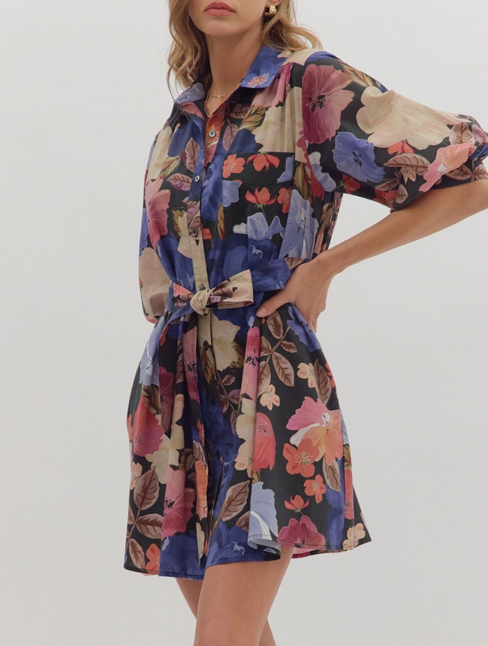 Floral Print Puff Sleeve Mini Dress with Front Chest Pocket