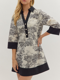 Toile Print 3/4 Sleeve Mini Dress Featuring a Contrast Collar