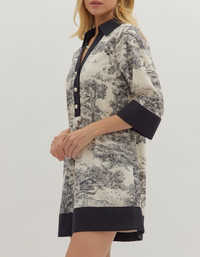 Toile Print 3/4 Sleeve Mini Dress Featuring a Contrast Collar