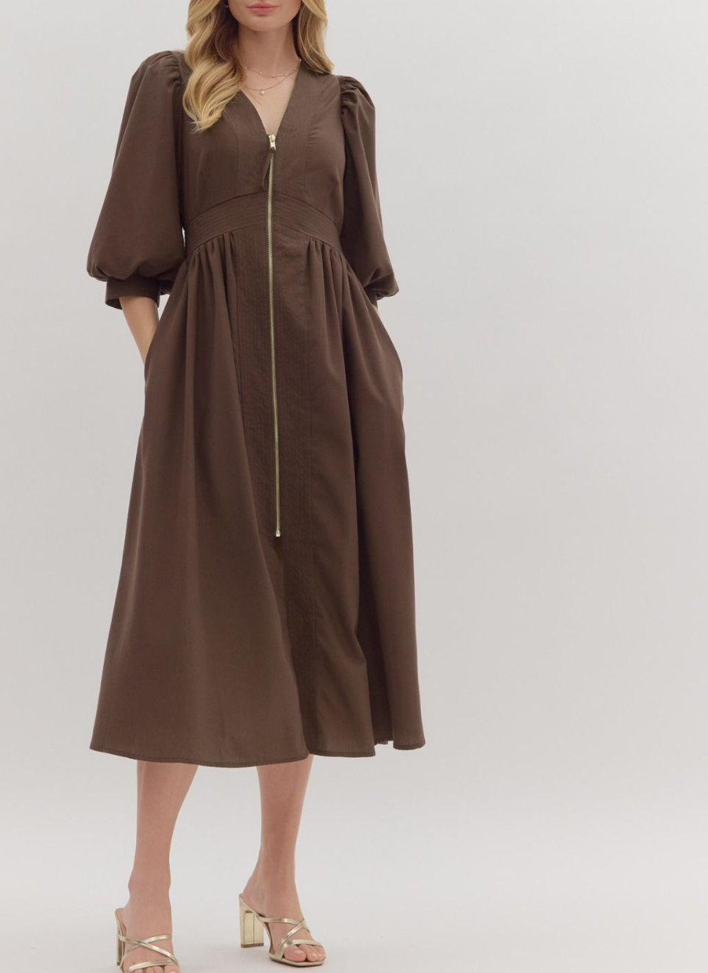 Solid ¾ Sleeve Midi Dress Featuring Smocked Waistband