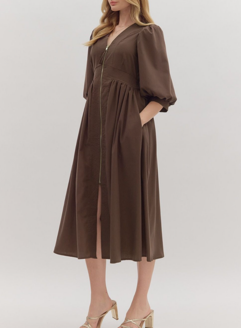 Solid ¾ Sleeve Midi Dress Featuring Smocked Waistband