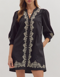 Solid 3/4 Sleeve Mini Dress Featuring Embroidered Front Detail