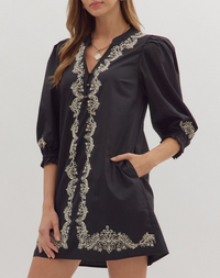 Solid 3/4 Sleeve Mini Dress Featuring Embroidered Front Detail