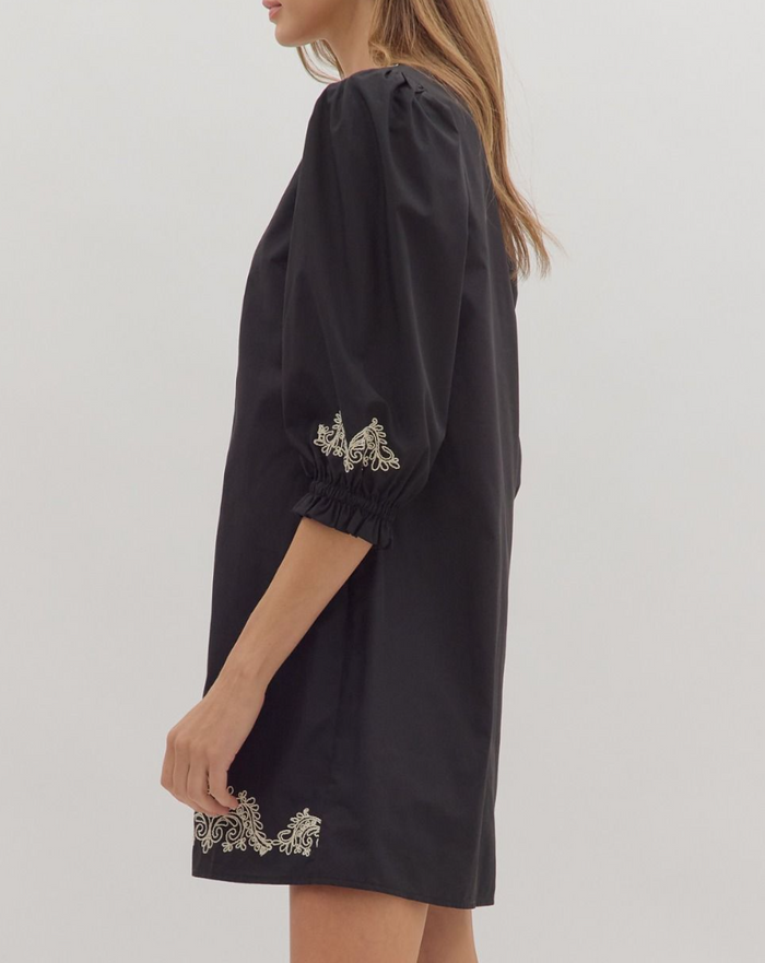 Solid 3/4 Sleeve Mini Dress Featuring Embroidered Front Detail Small / Black