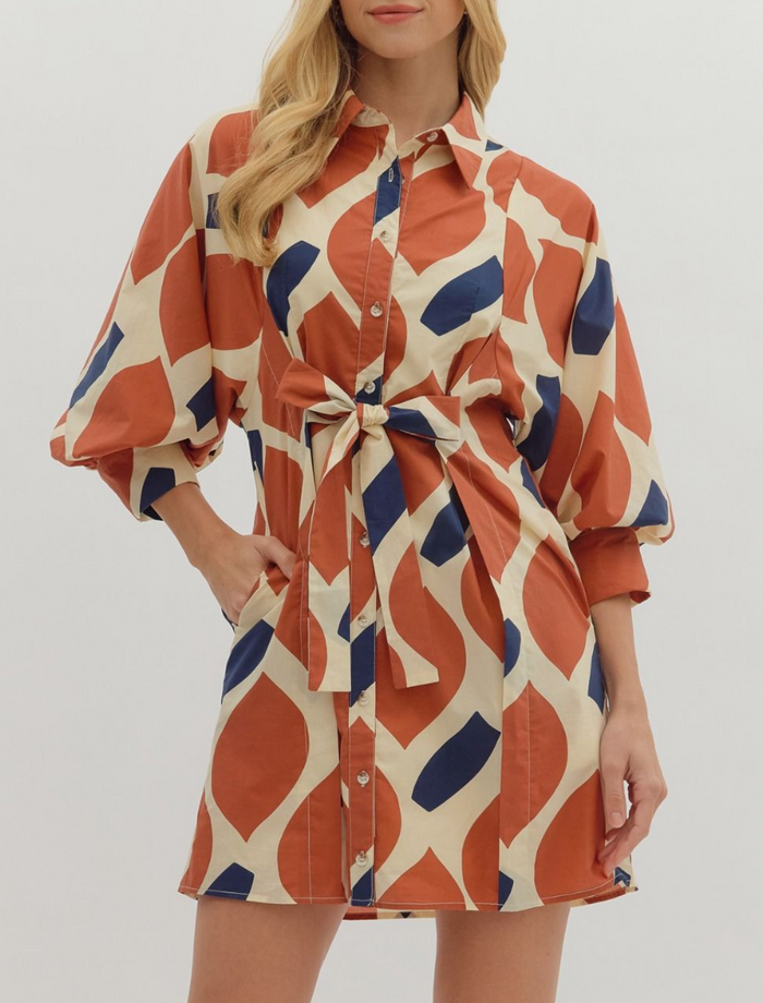 Printed 3/4 Sleeve Mini Dress Featuring Self-Tie Waist