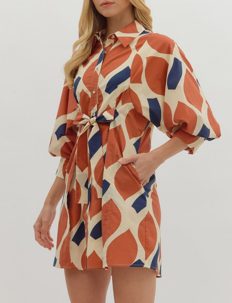 Printed 3/4 Sleeve Mini Dress Featuring Self-Tie Waist