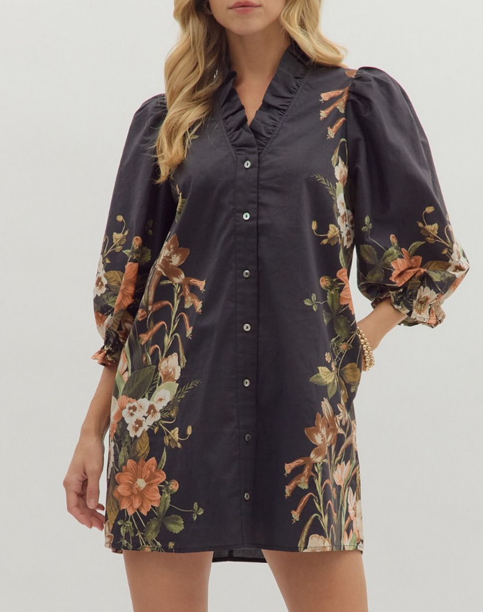 Botanical Print 3/4 Sleeve Mini Dress Large / Black Botanical Print 3/4 Sleeve Mini Dress Large / Black