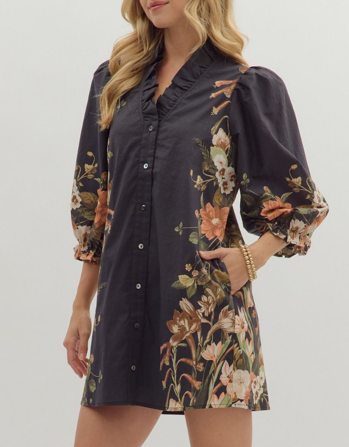 Botanical Print 3/4 Sleeve Mini Dress Large / Black Botanical Print 3/4 Sleeve Mini Dress Large / Black