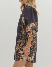 Botanical Print 3/4 Sleeve Mini Dress