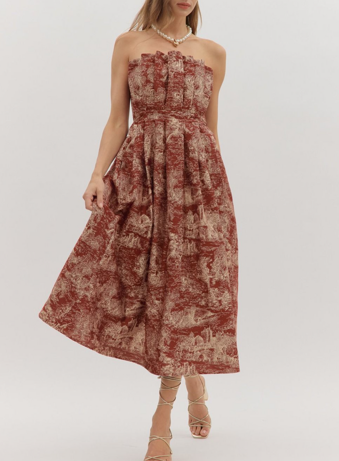 Printed Strapless Midi Dress
