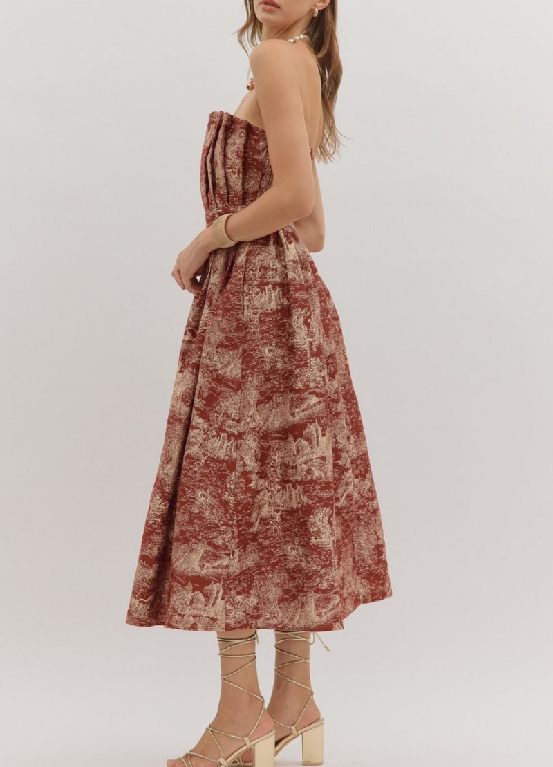 Printed Strapless Midi Dress