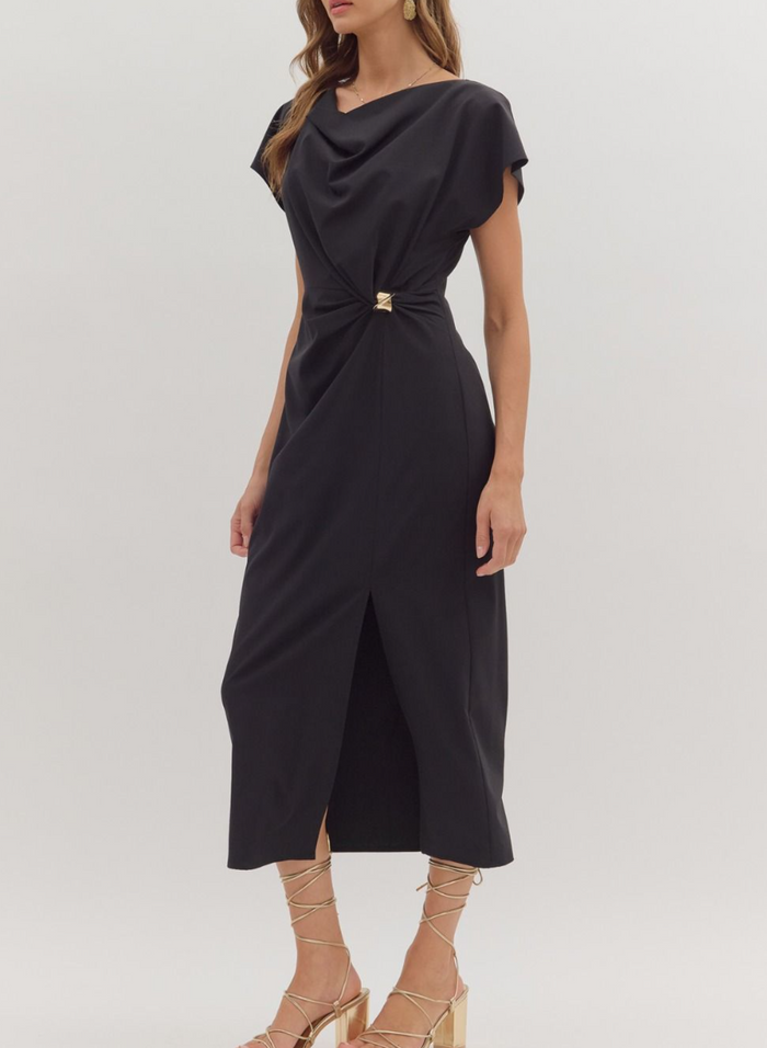 Solid Short Sleeve Midi Dress Featuring Draped Neckline Large / Black Solid Short Sleeve Midi Dress Featuring Draped Neckline Large / Black