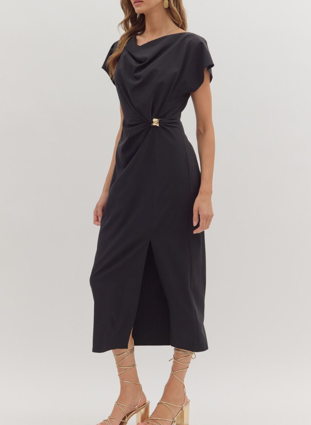 Solid Short Sleeve Midi Dress Featuring Draped Neckline
