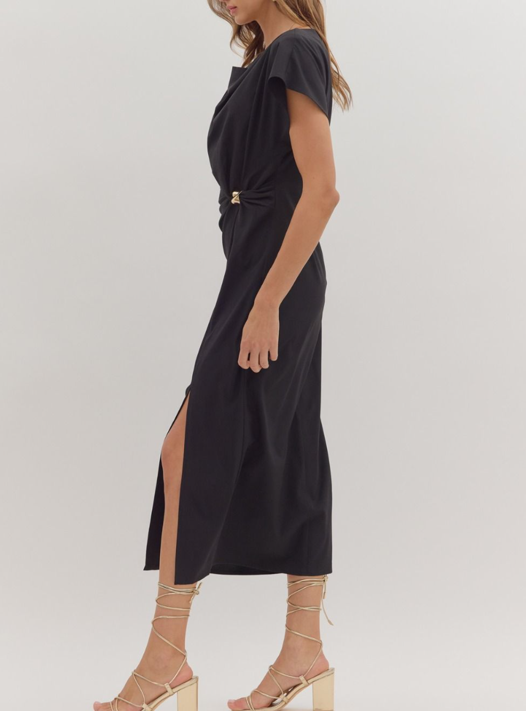 Solid Short Sleeve Midi Dress Featuring Draped Neckline