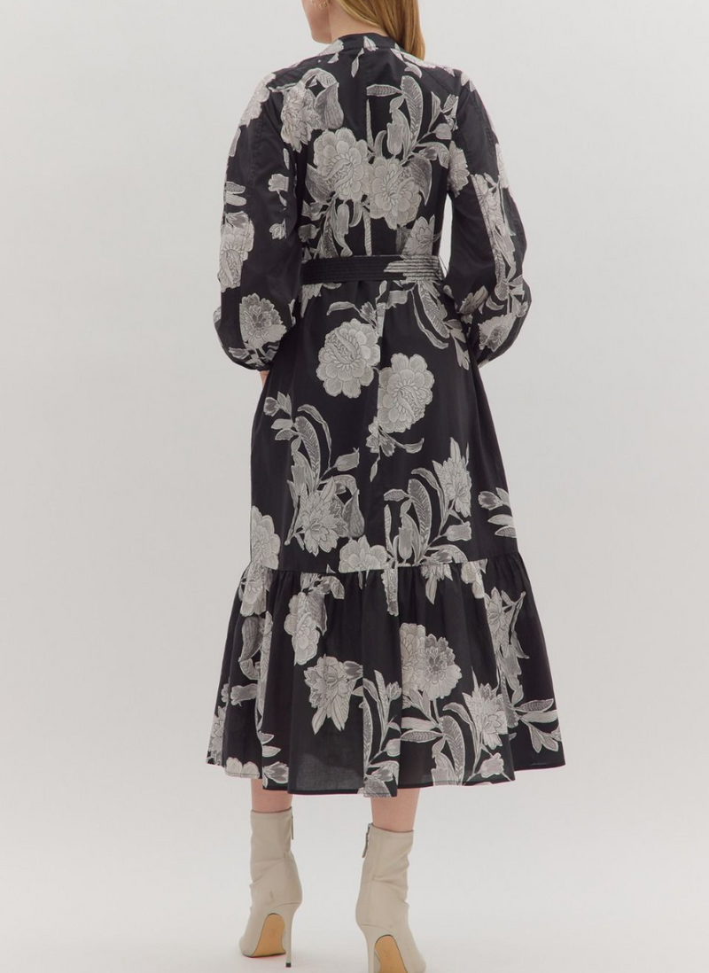 Floral Print Long Sleeve Midi Dress