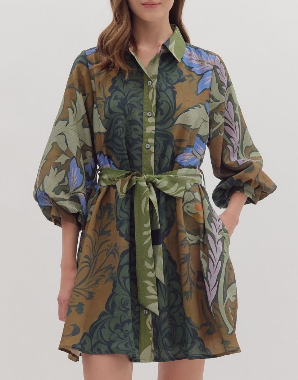 Botanical Print Long Sleeve Mini Dress