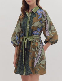 Botanical Print Long Sleeve Mini Dress