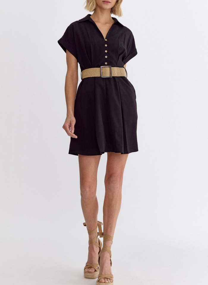 Solid Collared Button-Up Short Sleeve Mini Dress