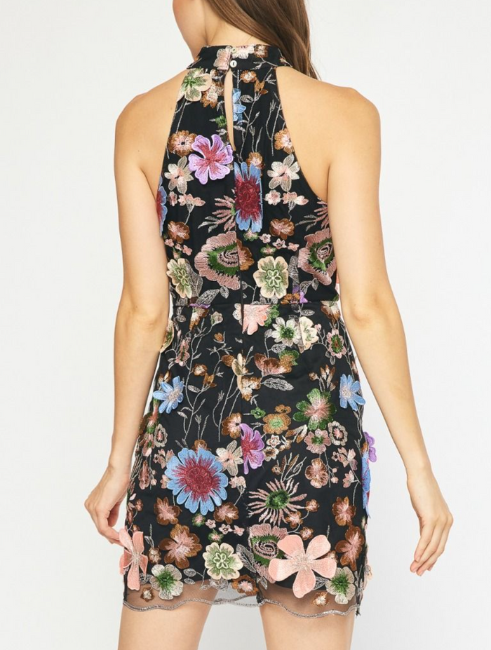 Sleeveless High Neck Mini Dress Featuring 3D Floral Embroidery