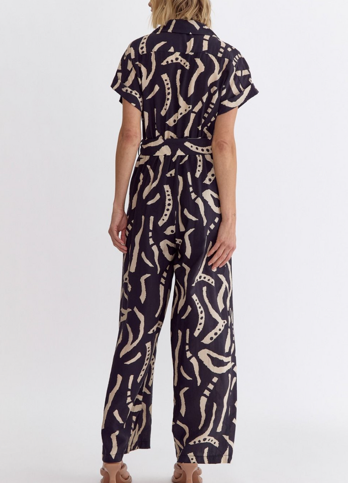 Printed V-Neck Collared Button Up Short Sleeve Jumpsuit
