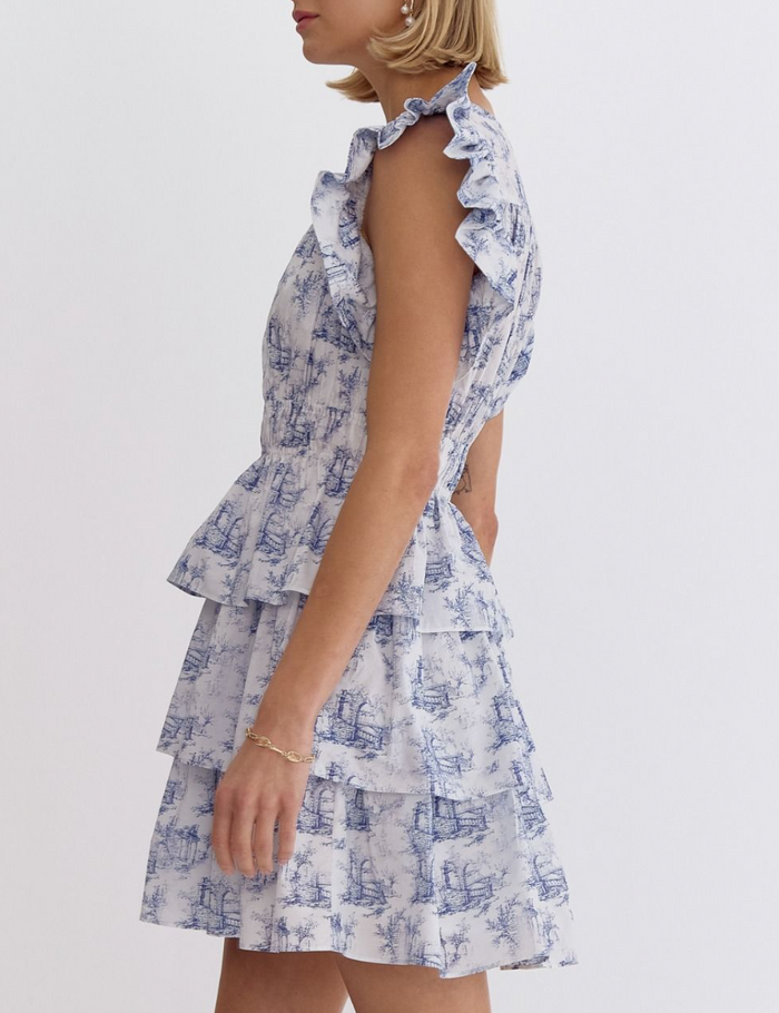 Printed V-Neck Ruffle Sleeve Mini Dress