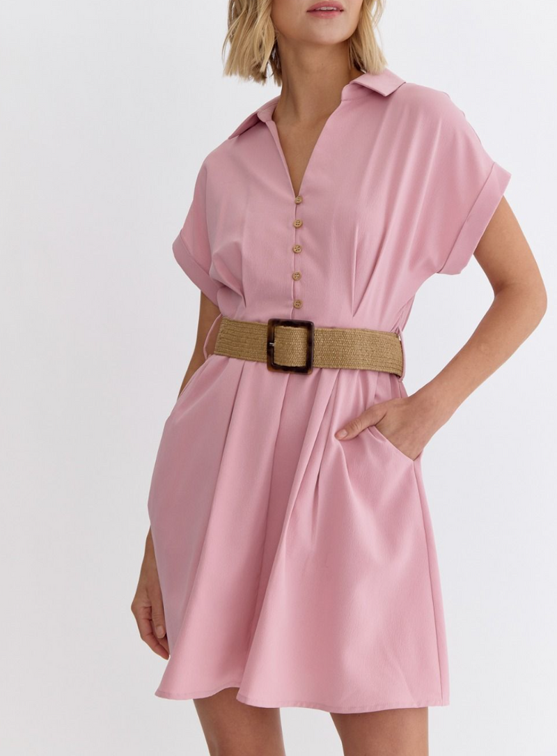 Solid Collared Button Short Sleeve Mini Dress Featuring Self-Belt Detail at Waist