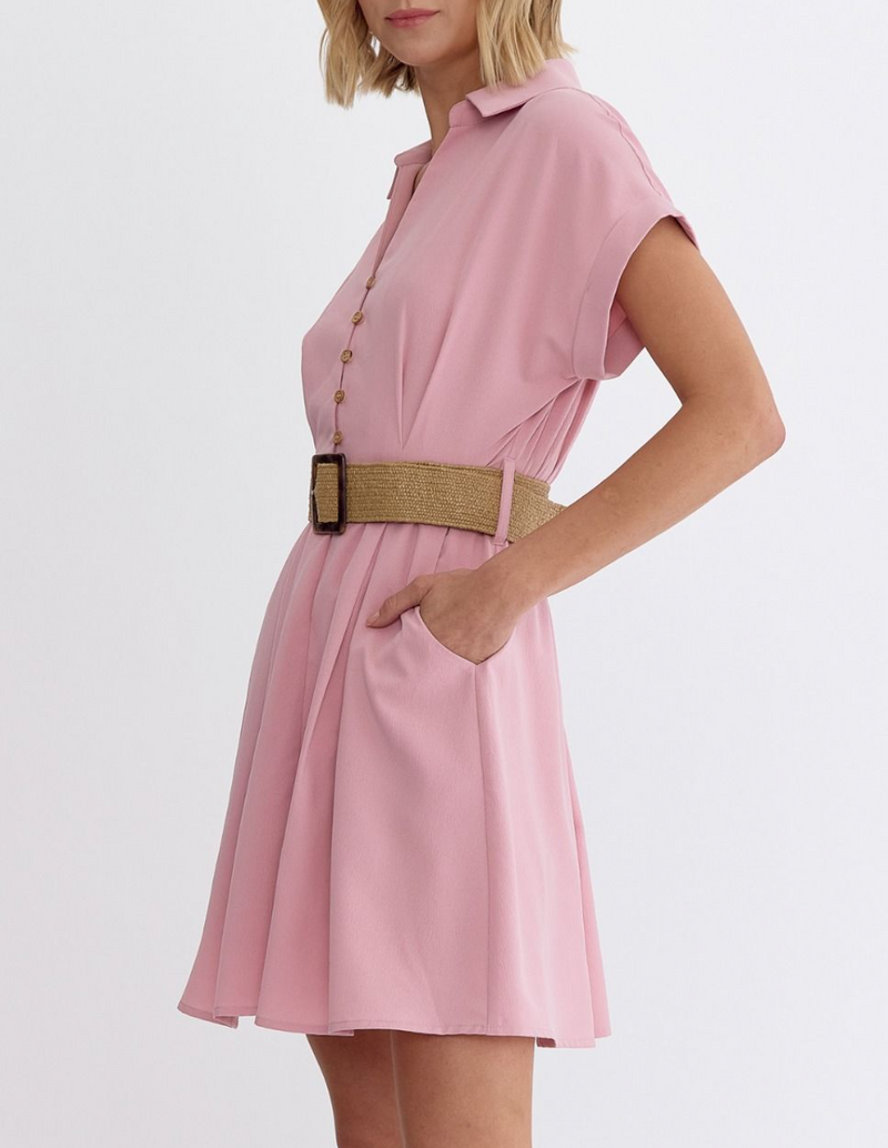 Solid Collared Button Short Sleeve Mini Dress Featuring Self-Belt Detail at Waist