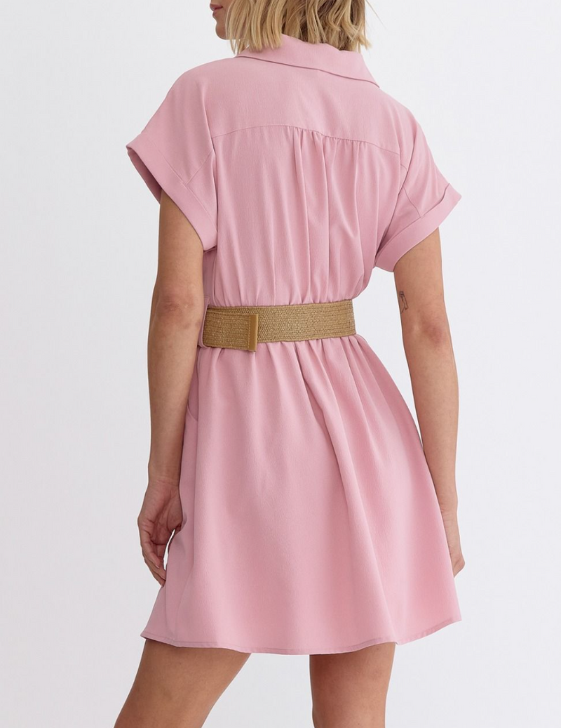 Solid Collared Button Short Sleeve Mini Dress Featuring Self-Belt Detail at Waist