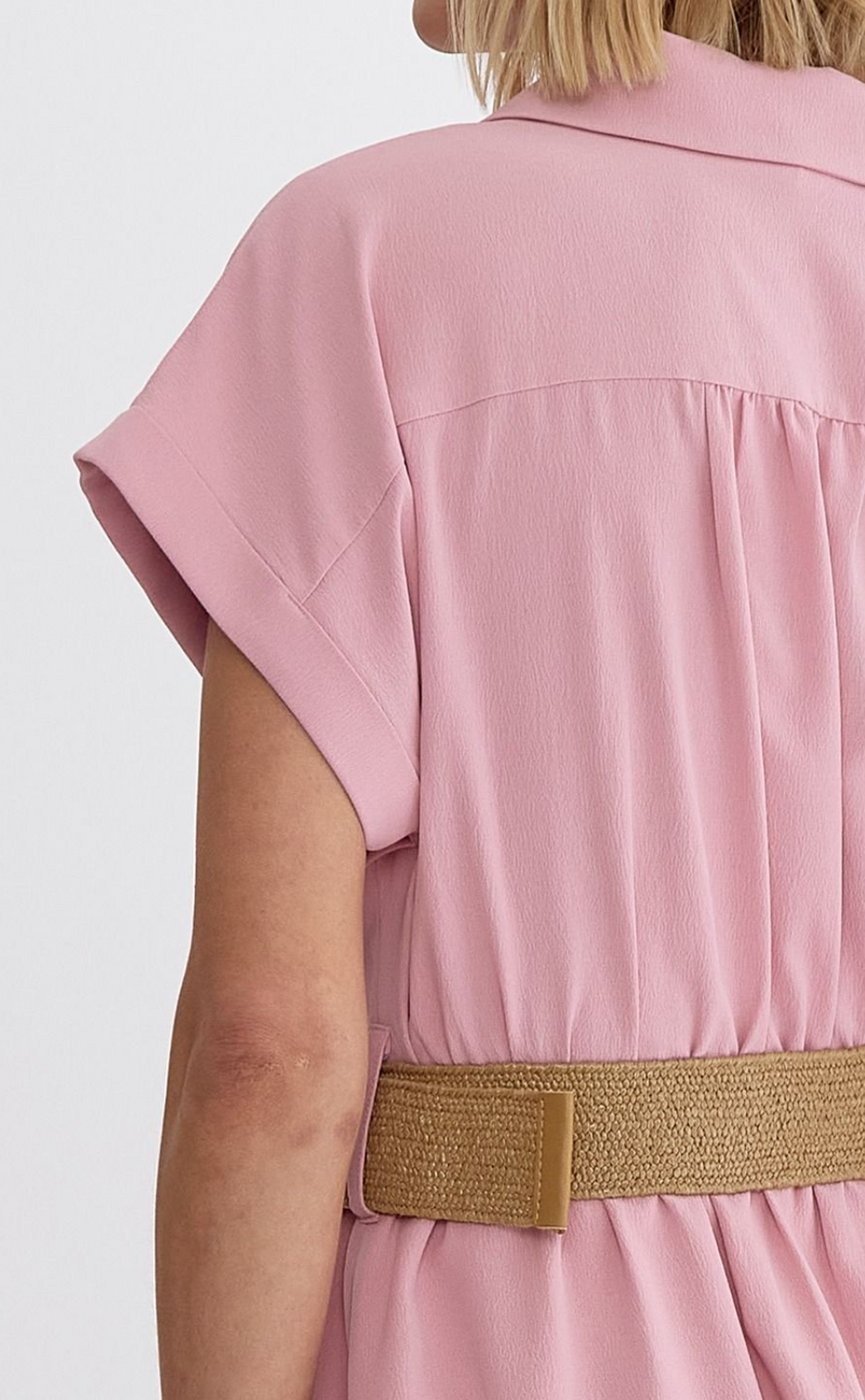 Solid Collared Button Short Sleeve Mini Dress Featuring Self-Belt Detail at Waist